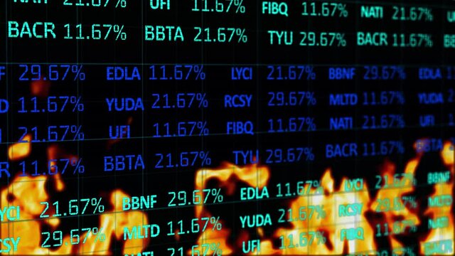 Digital Composite video of stock exchange data processing against fire burning in background
