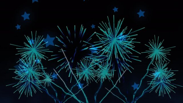 Digitally generated video of fireworks exploding and stars moving against black background