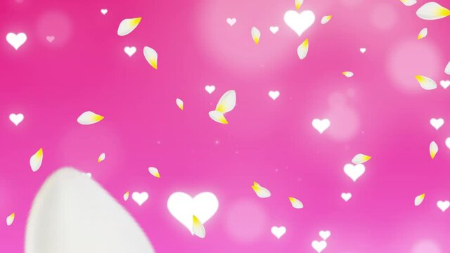 Digitally generated video of flower petals and hearts moving against pink background