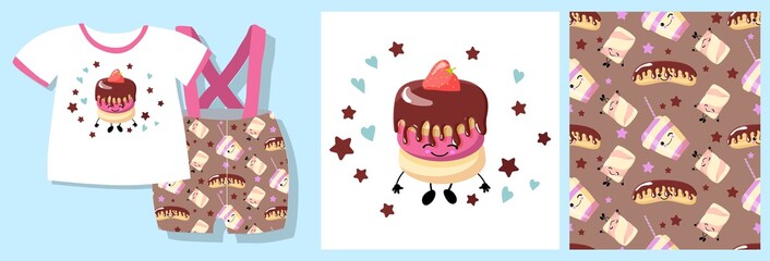 cake character. Sweets pattern seamless b. vector illustration. textile design.