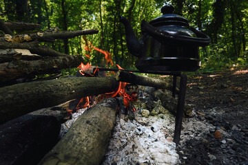 Blue old kettle in bushcraft camping