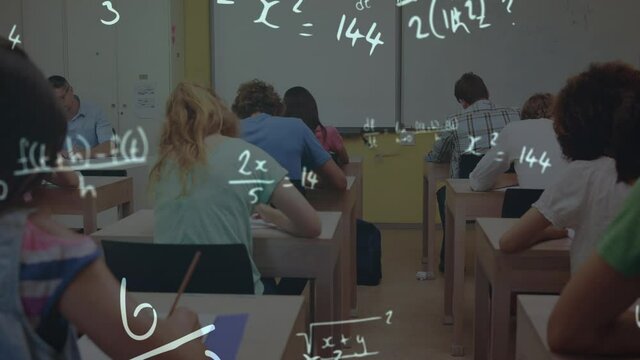 Animation of math equation hand written with student working in classroom