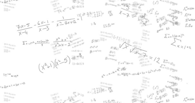 Animation of math equations hand written on white screen