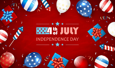 Red Background with Balloons and Text  Independence Day
