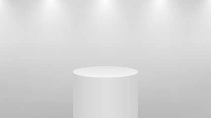 Realistic 3d white podium for product display. Round pedestal or platform in studio lighting on a gray background. Cylinder museum showcase concept. Vector illustration.