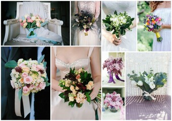 Wedding bouquet collage. Wedding flowers from ceremony