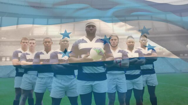 Animation of a Honduras flag over a multi ethnic male rugby team standing in a row
