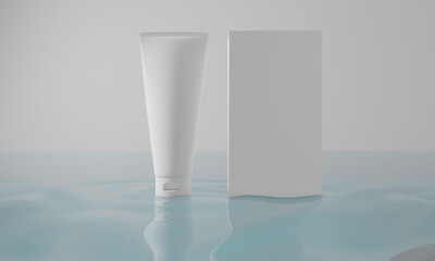 beauty treatment medical skincare cosmetic lotion cream mockup packaging in water wave sea, 3d illustration rendering