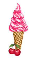 Watercolor cherry ice cream cone. Hand drawn illustration fresh cheries and a red aice creams in a waffle cone.