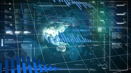 Animation of a shining globe spinning with multiple grahps, data processing and statistics over a wo - Powered by Adobe