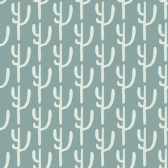 Geometric cactuses seamless pattern on green background. Desert doodle cacti endless wallpaper.