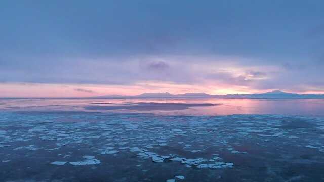 Sunrise over the sea with drift ice of Abashiri, Hokkaido.