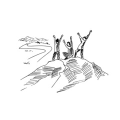 Winning people on top of the mountain. Sketch. Vector illustration.
