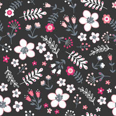 Fototapeta na wymiar Seamless surface repeat vector pattern design with little white and pink flowers and gray leaves on a black background