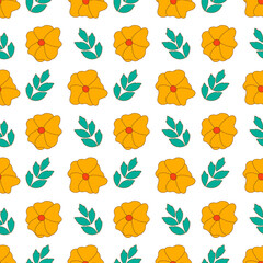 Seamless pattern. Orange flowers with leaves on a white background. Background for fabric and other surfaces