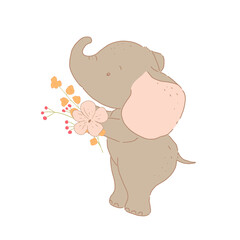 Cute elephant with flowers. Hand drawn vector illustration.