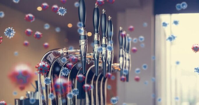 Animation of macro Covid-19 cells floating on beer taps in a bar in a background