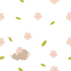 Soft seamless pattern with elephant and flower. Hand drawn vector illustration.