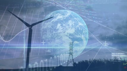 Animation of wind turbine turning, planet Earth and stock exchange graph increasing and decreasing - Powered by Adobe