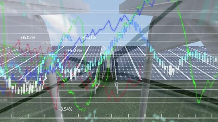 Animation of wind turbines turning, solar panels, clock moving and stock exchange graphs  - Powered by Adobe