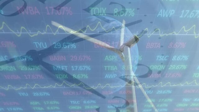 Animation of wind turbine turning a clock moving and stock exchange graph in the background
