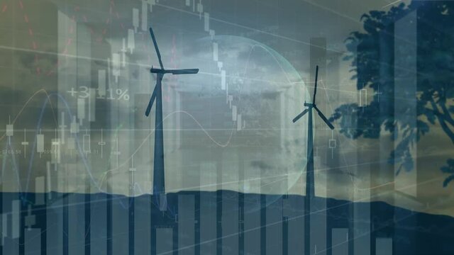 Animation of wind turbines moving at sunset and stock exchange graph increasing and decreasing