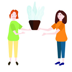 Two women are holding a pot of plants. Vector illustration.