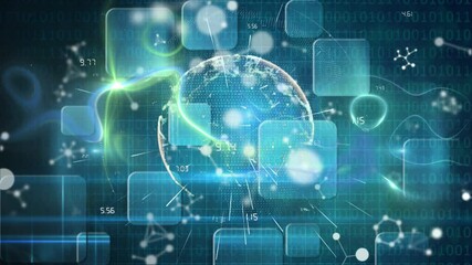 Animation of a shiny globe spinning and numbers and molecules floating with blue squares floating  - Powered by Adobe