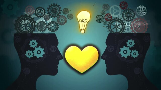 Animation of yellow heart and light bulb between two silhouetted human heads with cogs working on bl