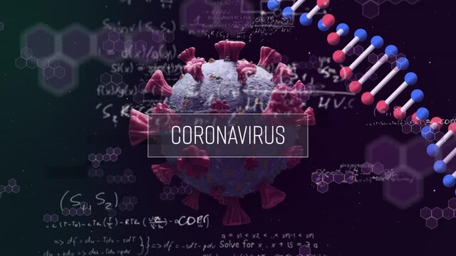 Animation of a macro coronavirus Covid-19 cell floating over a DNA and formulas and CORONAVIRUS word