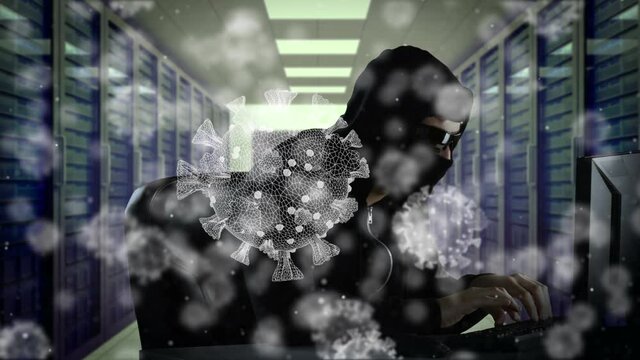 Animation of a hacker hooded man in a data room over macro coronavirus COVID-19 cells floating