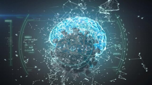 Animation of a macro coronavirus covid-19 celle analyzed over a glowing brain moving