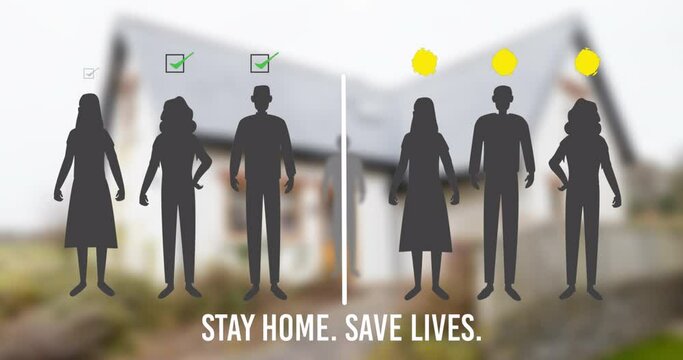 Animation of people in line with or without virus thanks to social distancing