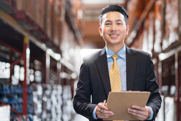 portrait of asian male business owner formal suit hand check product inventory stock with confident warehouse factory background  Business Investor deal and teamwork concept.