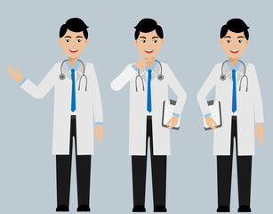 Young male doctor in gown uniform with stethoscope in 3 different manners. Isolated on light  background. Vector Illustration. Idea for healthcare and medical business.