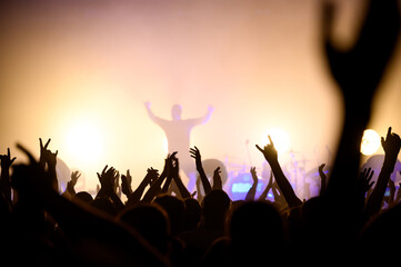 silhouette of a musician on stage and crowd in the hall at a music festival. concert poster....