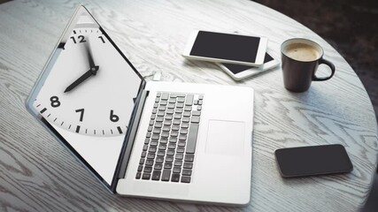 Animation of a laptop showing clock ticking on the screen with tablets and a smartphone - Powered by Adobe