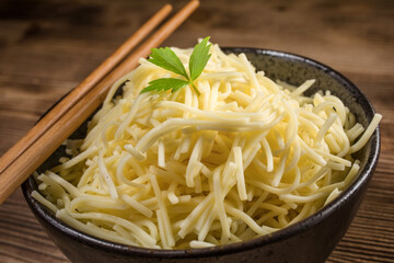 Bowl of cooked noodles.