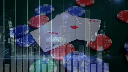 Animation of statistics with data processing over casino chips and playing cards lying on a table - Powered by Adobe