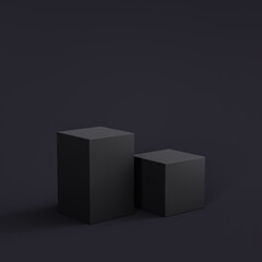 Blank product display on dark studio background with pedestal or podium. Empty showcase stand...