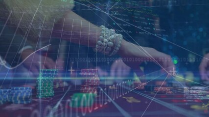 Animation of statistics and data processing over people putting casino chips on a table - Powered by Adobe