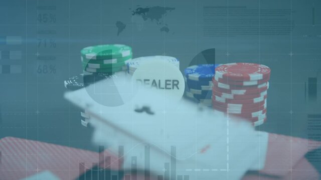 Animation of data processing over casino chips standing with one casino chips with a word Dealer pla