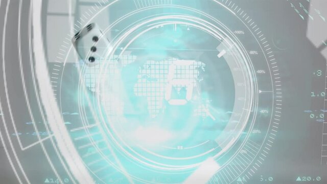 Animation of data processing with numbers in circles rising white dice tumbling on grey background - Powered by Adobe