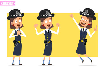 Cartoon flat funny british policeman girl character in helmet hat and uniform. Ready for animation. Kid standing, jumping and showing muscles. Isolated on yellow background. Vector set.