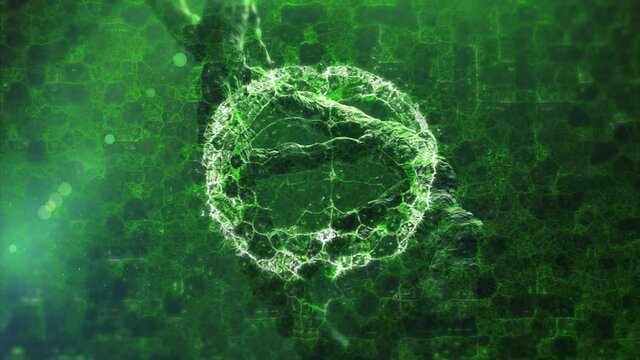 Animation of DNA strain and human brain made of green connections on black background