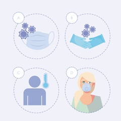 Woman with medical mask and icon set vector design