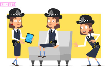 Cartoon flat funny british policeman girl character in helmet hat and uniform. Ready for animation. Kid sneaking, resting and showing smart tablet. Isolated on yellow background. Vector set.