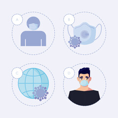 Man with medical mask and icon set vector design