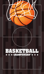 Basketball game sport with balloon in net emblem