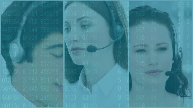 Animation of split screen of three multi-ethnic call centre workers wearing headsets talking in offi